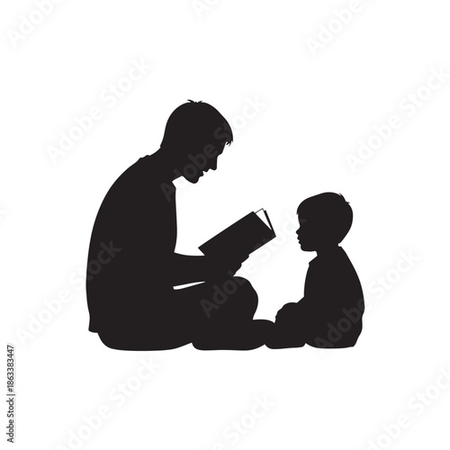 Silhouette Father Reading Book to Child Kid Story Time Together Vector