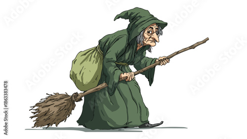Old Witch Cartoon Isolated on White Background Vector Illustration