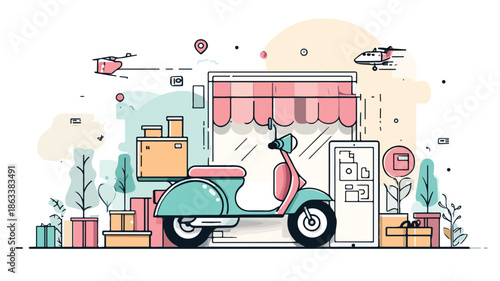 Online Shopping and Delivery Concept Vector with Outline Isolated Illustration