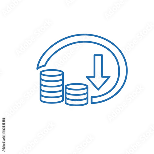 Financial Growth Concept Illustration with Coins and Downward Arrow for Investment Decline