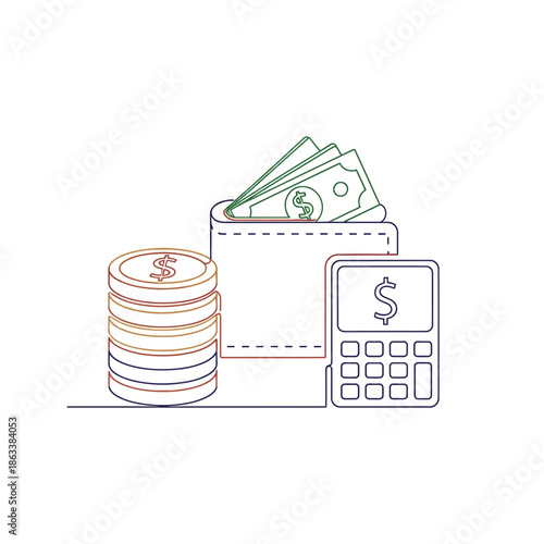 Financial Management Wallet with Money and Calculator Illustration