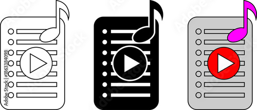 Playlist icon set with music note and play button in outline, solid, and colored styles. Simple media list illustration suitable for music apps, streaming platforms, audio players, and UI design