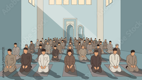 Muslim men praying in a mosque during a religious gathering.