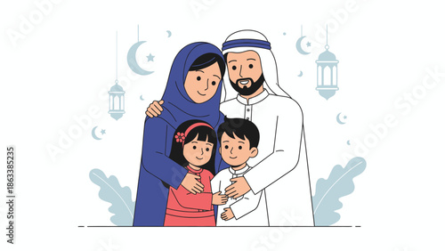 Happy Muslim family portrait with parents and two children.