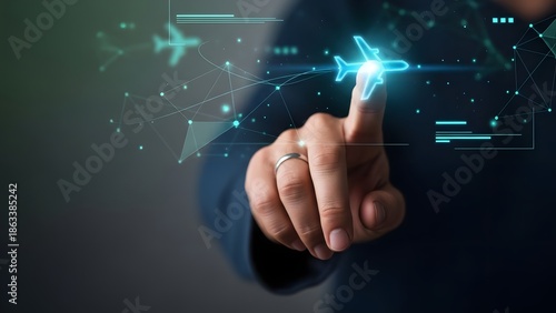 A hand interacts with a glowing airplane icon on a futuristic digital interface, representing advanced aviation technology, global travel connectivity, and future transportation systems
