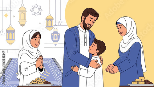 Muslim family celebrating Eid al-Fitr with prayers and greetings.