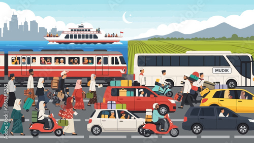 Diverse commuters navigating a busy transportation hub with various vehicles and pedestrians.