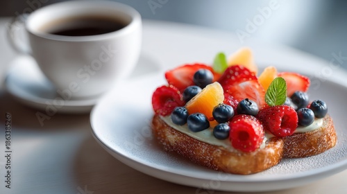 Elegant breakfast arrangement with toast, berries, and coffee for a bright start
