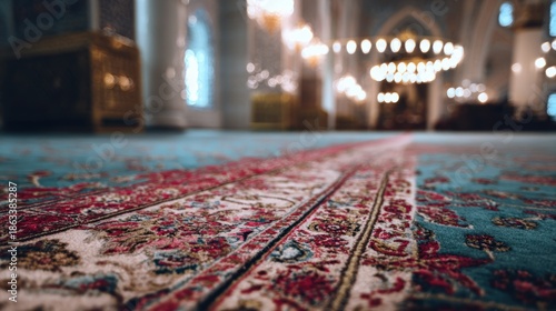 Elegant carpet leading to the prayer hall in a beautiful decorated mosque