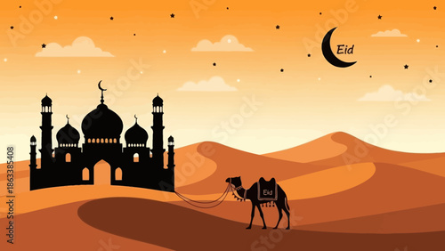 Silhouette of a mosque and a camel in a desert landscape at sunset.