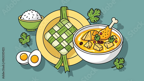 Traditional Indonesian Ketupat and Opor Ayam Dish with Rice and Eggs.