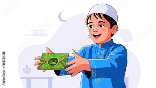 Happy Muslim boy in traditional attire holding green envelope.
