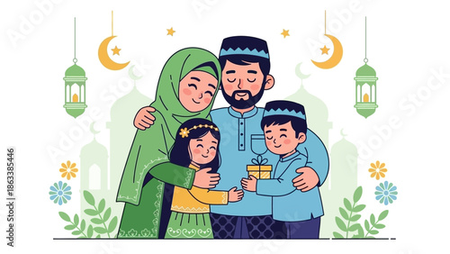 Happy Muslim family celebrating Eid al-Fitr with gifts.