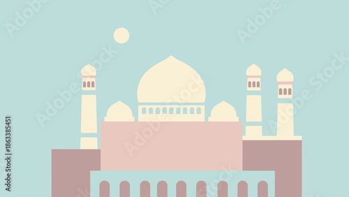 Minimalist Mosque Illustration with Dome and Minarets.