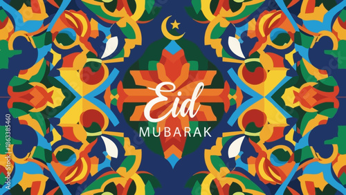 Eid Mubarak greeting with crescent moon and star.