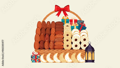 A beautifully arranged gift basket overflowing with an assortment of delicious dates and cookies adorned with a festive red bow and small presents perfect for celebrations.