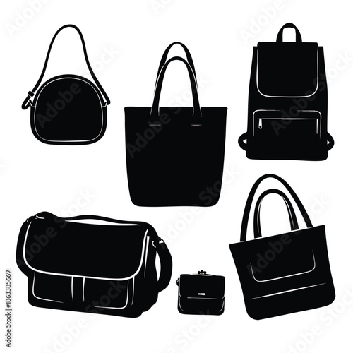 Collection of various stylish black silhouette handbags and fashion accessories.