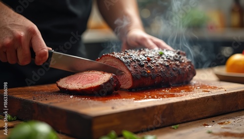 Cook slices juicy smoked brisket on wooden board. Steam rises from tender beef. Man prepares savory meal, showing culinary skill. Close-up on meat carving and preparation. © Vadym