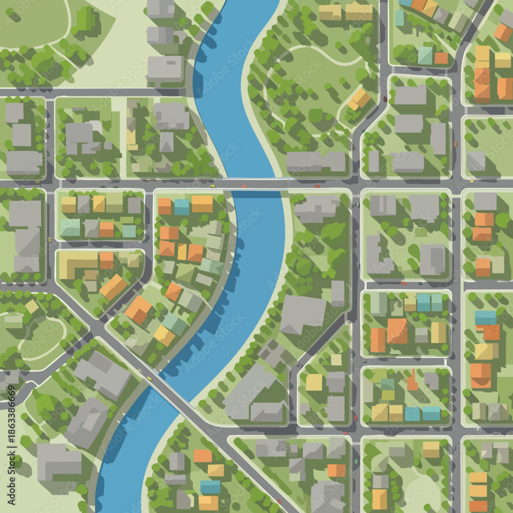 Fototapeta premium Aerial View of a Modern City Map with River and Buildings.