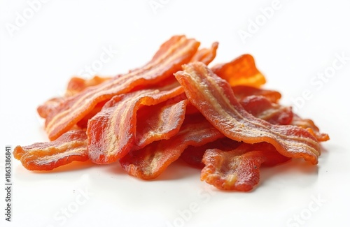 Wallpaper Mural Pile of crispy fried bacon strips, salty meat for breakfast. Pork strips cooked, ready to eat, served on white surface. Classic food, savory flavor, fast meal. Torontodigital.ca