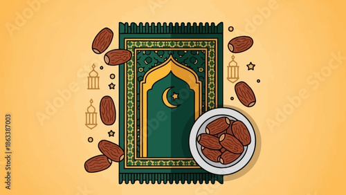 Islamic prayer rug with dates and lanterns for Ramadan celebration.