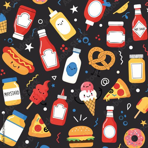Seamless Pattern of Cute Fast Food Items and Condiments.