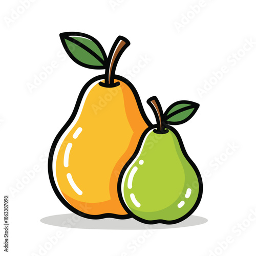Two Fresh Pears with Green Leaves and Stems on a White Background.