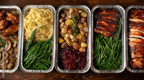 Aluminum catering trays filled with various prepared foods including wings, pasta, roasted vegetables and ribs, buffet party meal setup on dark surface