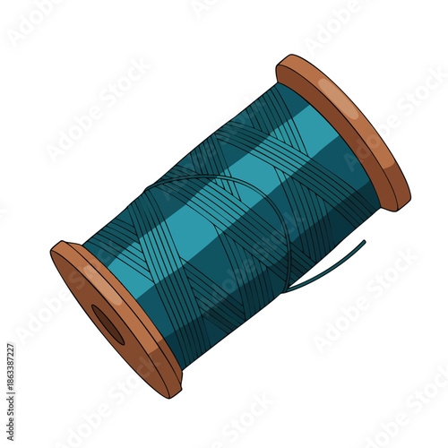 Single wooden spool of vibrant teal thread for sewing and craft projects.