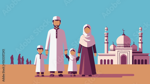 Muslim family with two children standing together.
