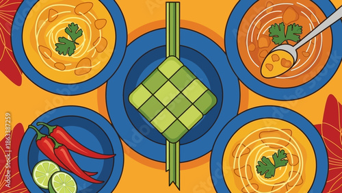 Traditional Ketupat and Bowls of Delicious Indonesian Cuisine.