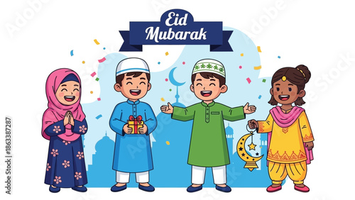 Happy Muslim children celebrating Eid Mubarak with gifts and traditional attire.