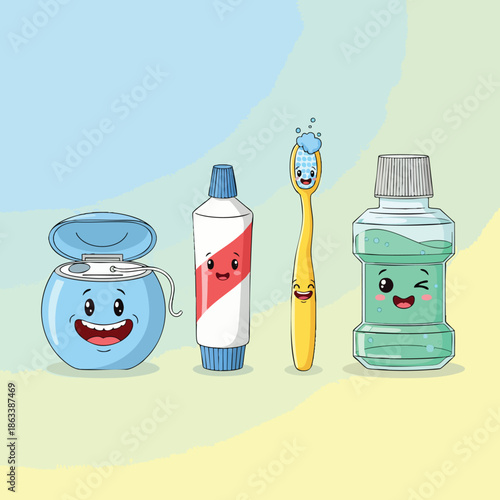 Happy Oral Hygiene Products Cartoon Characters.