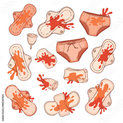 Illustration of various feminine hygiene products stained with menstrual blood.
