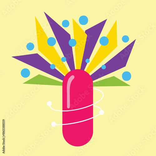 Vibrant Abstract Capsule Design with Bursting Elements and Swirling Orbits.