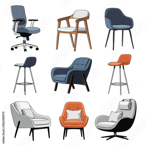 Collection of various modern chairs and stools for interior design.