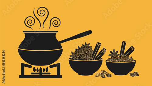 Calming herbal tea brewing in a pot with various herbs and spices beside it on a yellow background