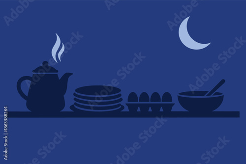 Serene nighttime kitchen scene with teapot, plates, eggs, and bowl on a table under a crescent moon