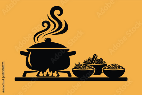 Delicious and savory meal being cooked in a pot on a stovetop with various ingredients nearby