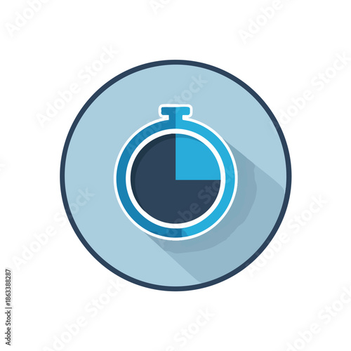 Minimalist Stopwatch Icon with Blue and Dark Blue Colors and Long Shadow.