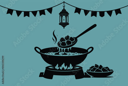 Delicious food cooking in a large pot on a stovetop with festive decorations and a hanging lantern nearby slowly simmering