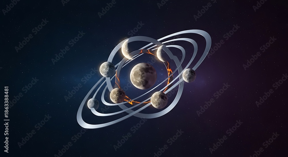 Fototapeta premium Abstract Planetary System with Rings and Moons in Deep Space.