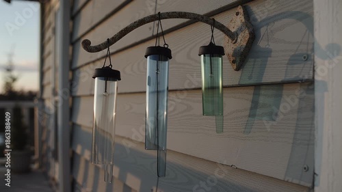 Wind chimes sway as their shadows dance softly across the porch wall