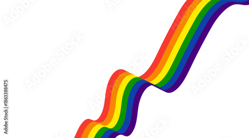 Rainbow wavy ribbon design element. LGBTQ Pride Month flag symbol with flowing rainbow colors. Bright wave background shape for banner, poster, flyer, brochure, or cover. Vector illustration.