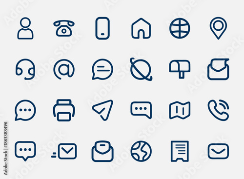 contact and communication icon set with outline style design