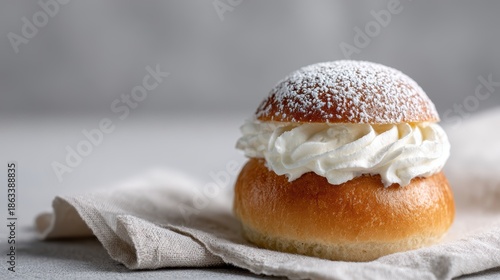 nordic cuisine, a swedish semla bun with cardamom-infused brioche, whipped cream, almond paste, and powdered sugar, in gentle nordic light
