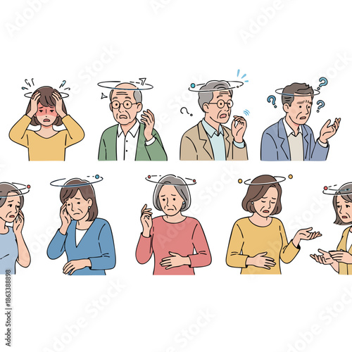 Collection of people experiencing dizziness and vertigo symptoms due to various health issues.