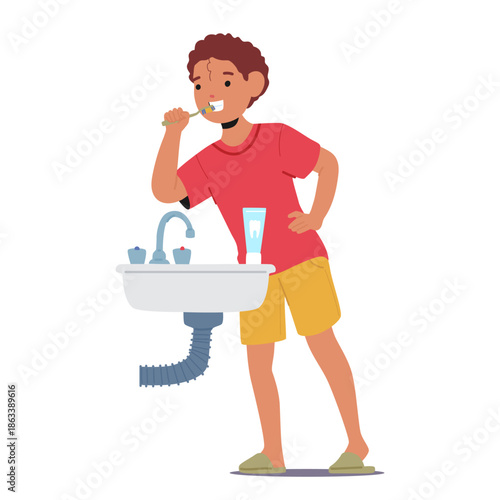 Little boy child cartoon character brushing teeth with toothpaste and brush isolated on white