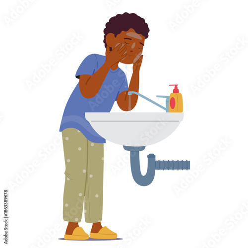 Little boy child cartoon character applying soapy gel to wash face during daily hygiene routine