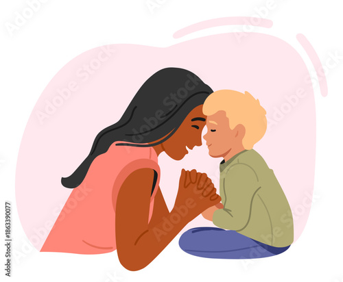 Sweet moment between happy mom and her son cartoon portrait showcasing adorable and tender bond